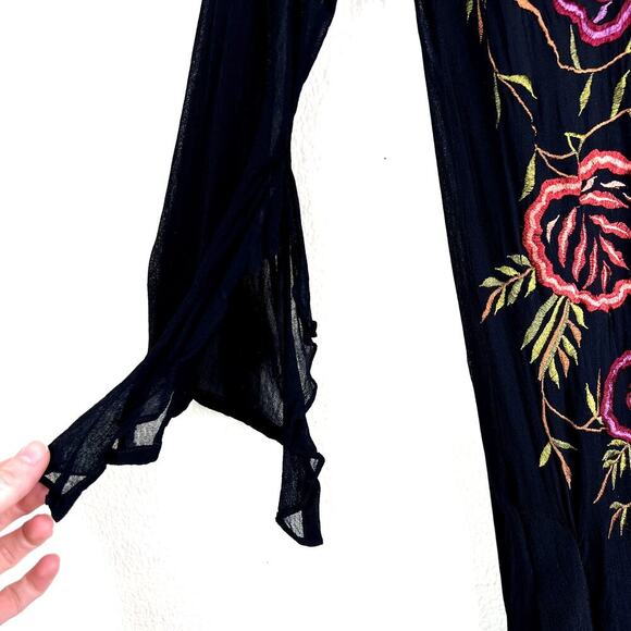 T Rose Floral Embroidered Duster Kimono Dress Black Pink Medium Sheer Ruffles - Picture 2 of 8
